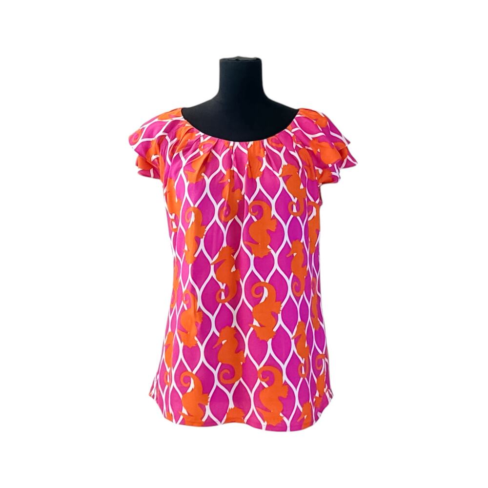Escapada Pink Seahorse Tropical Resort Short Sleeve 100% Rayon Blouse Small